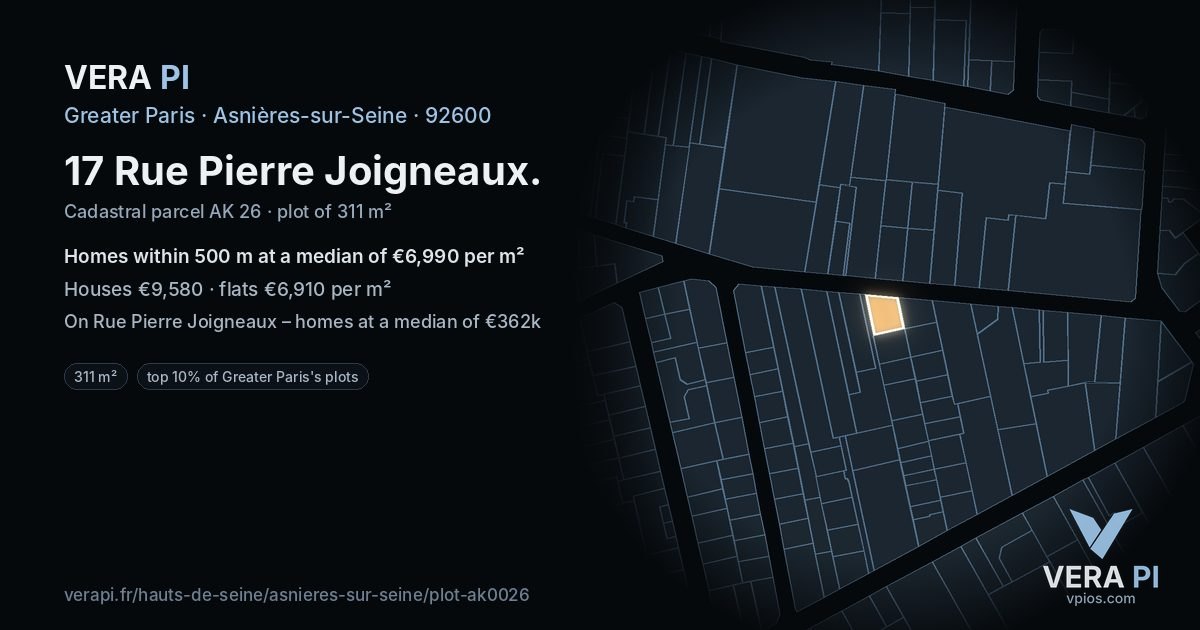 17 Rue Pierre Joigneaux, Asnières-sur-Seine at night – the plot lit, the parcels around coloured by the prices near them