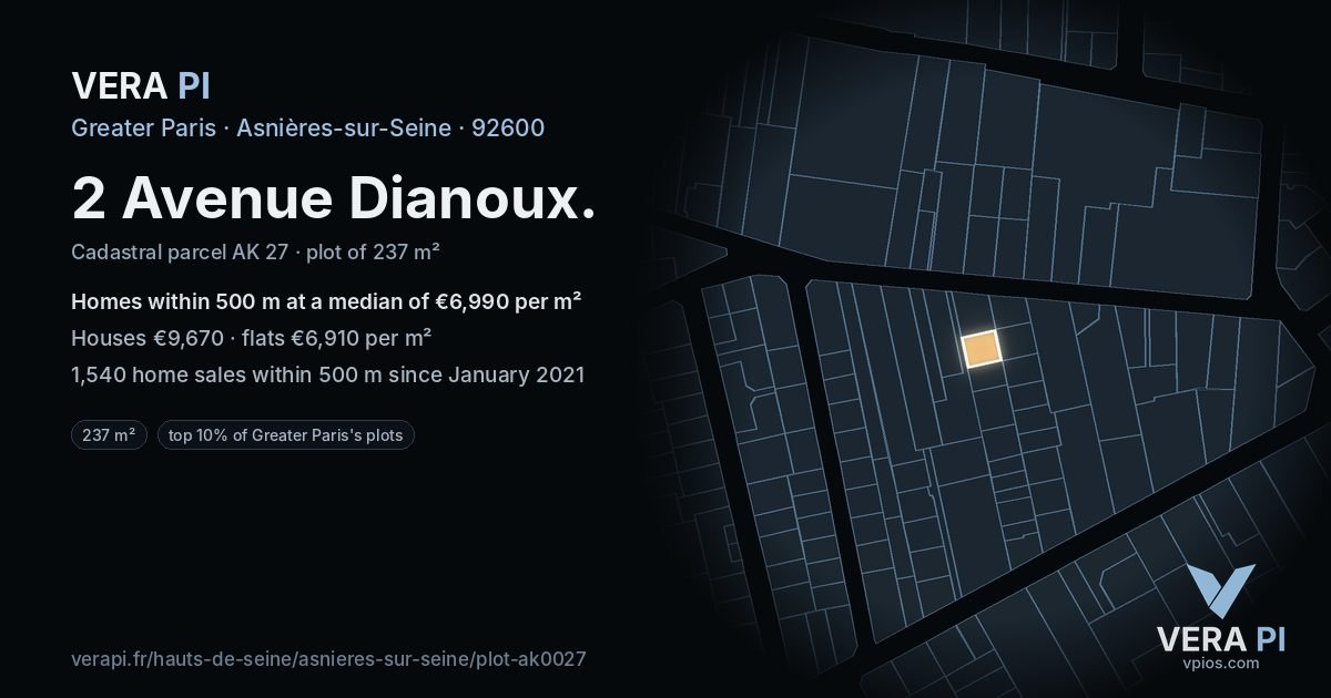 2 Avenue Dianoux, Asnières-sur-Seine at night – the plot lit, the parcels around coloured by the prices near them