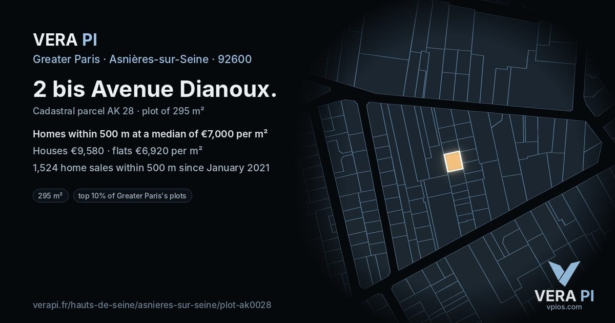 2 bis Avenue Dianoux, Asnières-sur-Seine at night – the plot lit, the parcels around coloured by the prices near them