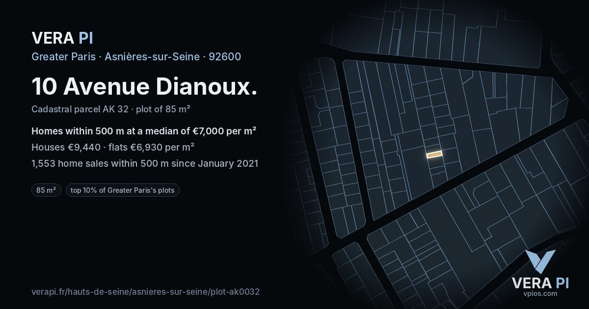10 Avenue Dianoux, Asnières-sur-Seine at night – the plot lit, the parcels around coloured by the prices near them