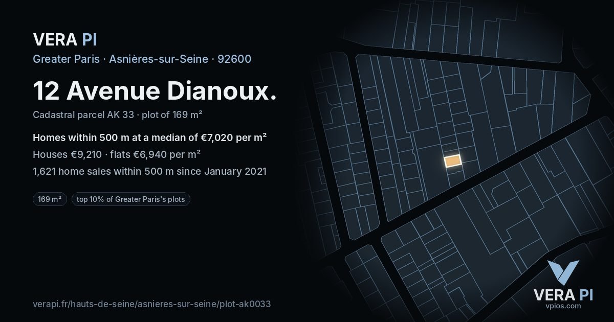 12 Avenue Dianoux, Asnières-sur-Seine at night – the plot lit, the parcels around coloured by the prices near them