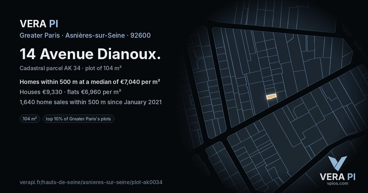 14 Avenue Dianoux, Asnières-sur-Seine at night – the plot lit, the parcels around coloured by the prices near them