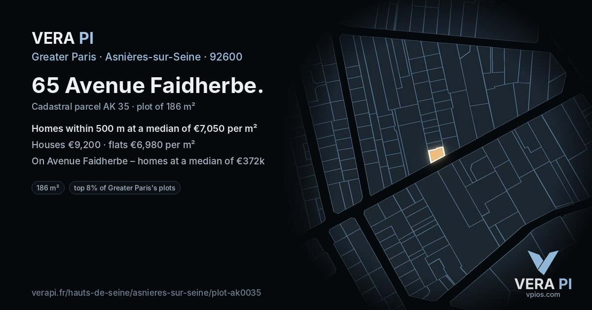 65 Avenue Faidherbe, Asnières-sur-Seine at night – the plot lit, the parcels around coloured by the prices near them