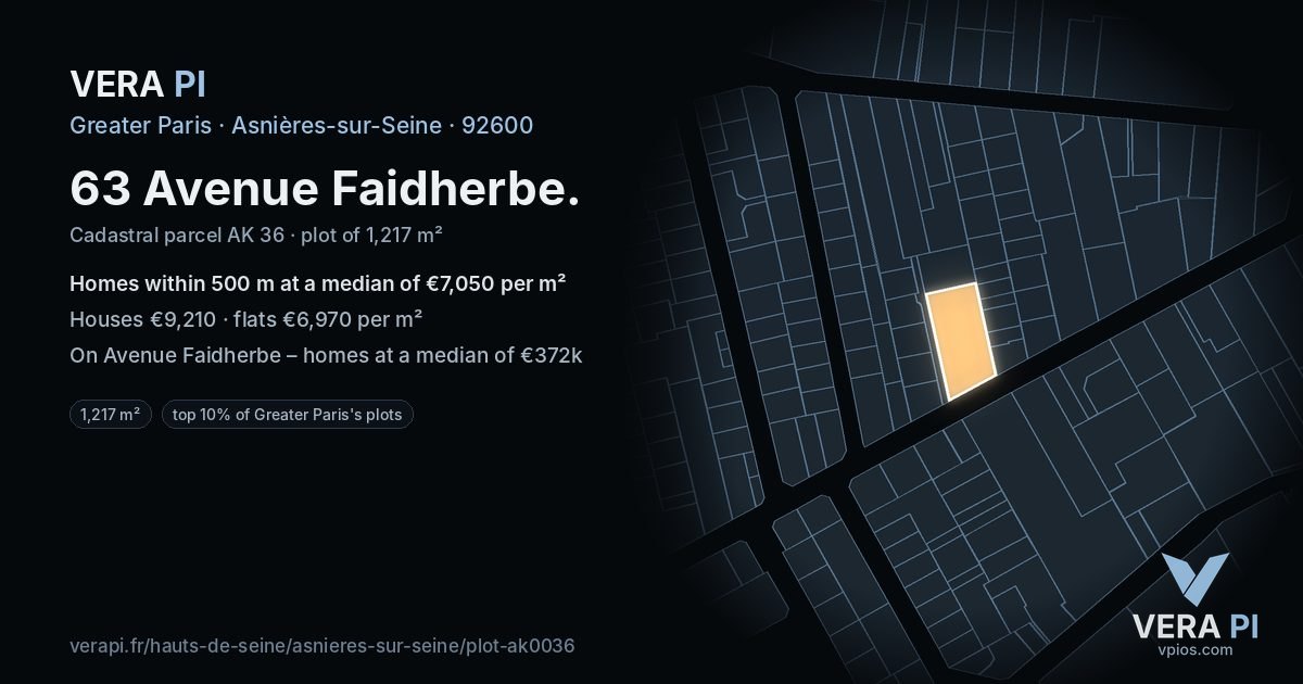 63 Avenue Faidherbe, Asnières-sur-Seine at night – the plot lit, the parcels around coloured by the prices near them