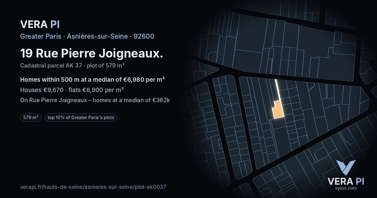 19 Rue Pierre Joigneaux, Asnières-sur-Seine at night – the plot lit, the parcels around coloured by the prices near them
