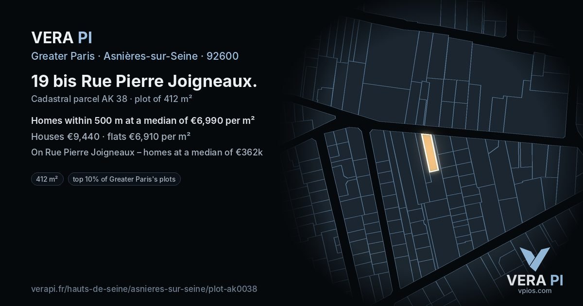 19 bis Rue Pierre Joigneaux, Asnières-sur-Seine at night – the plot lit, the parcels around coloured by the prices near them