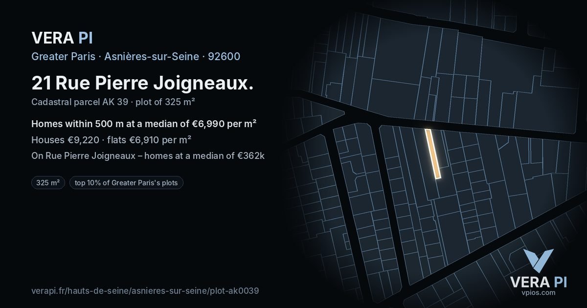 21 Rue Pierre Joigneaux, Asnières-sur-Seine at night – the plot lit, the parcels around coloured by the prices near them