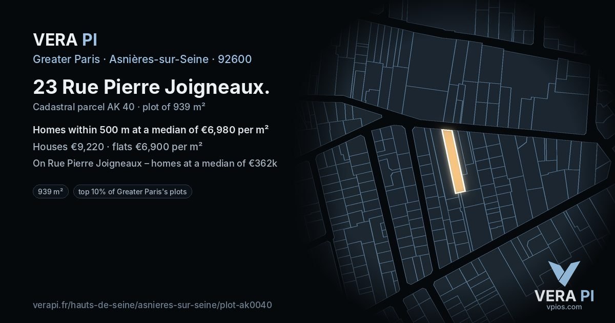 23 Rue Pierre Joigneaux, Asnières-sur-Seine at night – the plot lit, the parcels around coloured by the prices near them