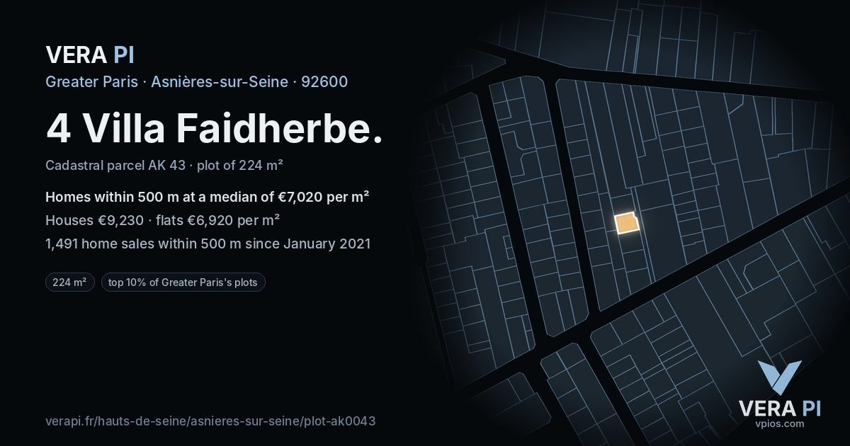 4 Villa Faidherbe, Asnières-sur-Seine at night – the plot lit, the parcels around coloured by the prices near them