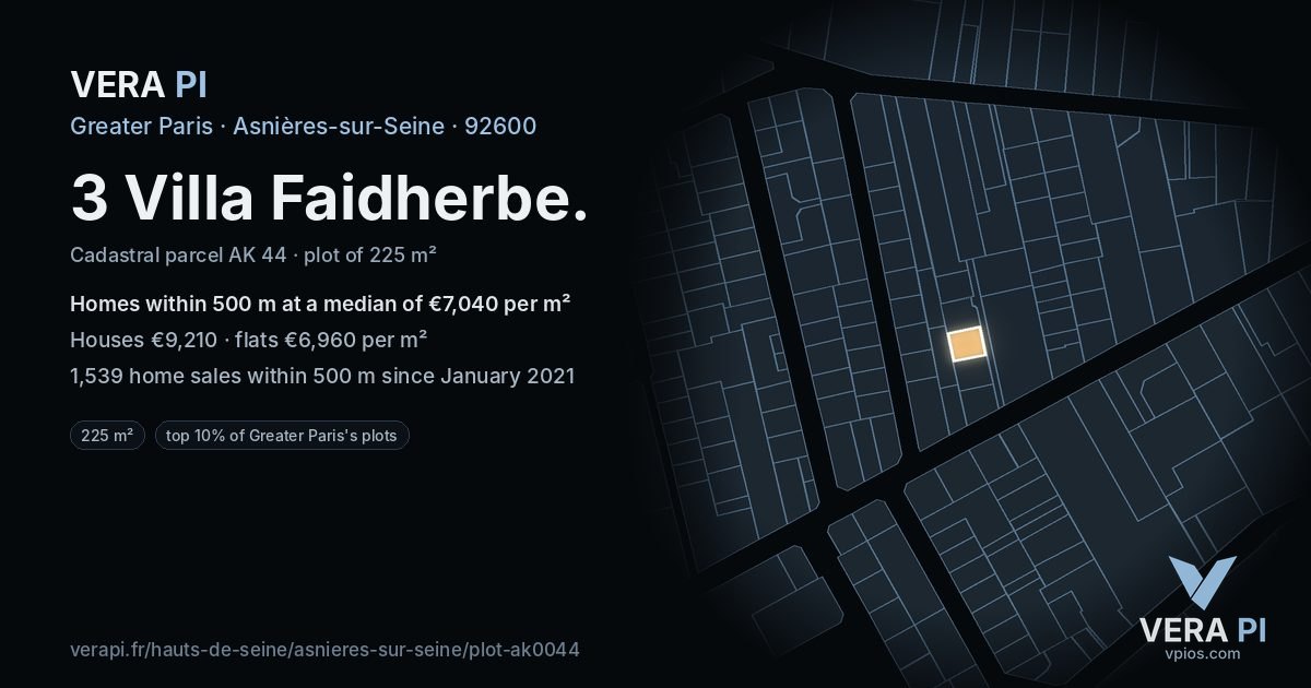 3 Villa Faidherbe, Asnières-sur-Seine at night – the plot lit, the parcels around coloured by the prices near them