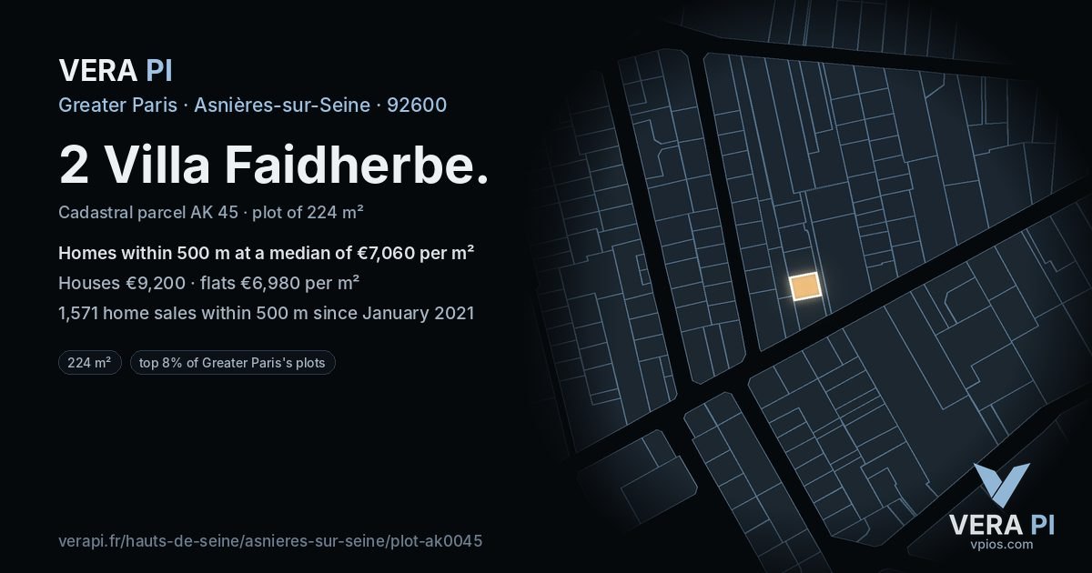 2 Villa Faidherbe, Asnières-sur-Seine at night – the plot lit, the parcels around coloured by the prices near them
