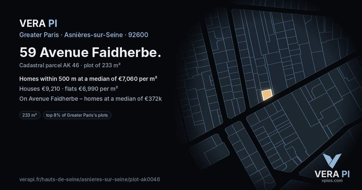 59 Avenue Faidherbe, Asnières-sur-Seine at night – the plot lit, the parcels around coloured by the prices near them