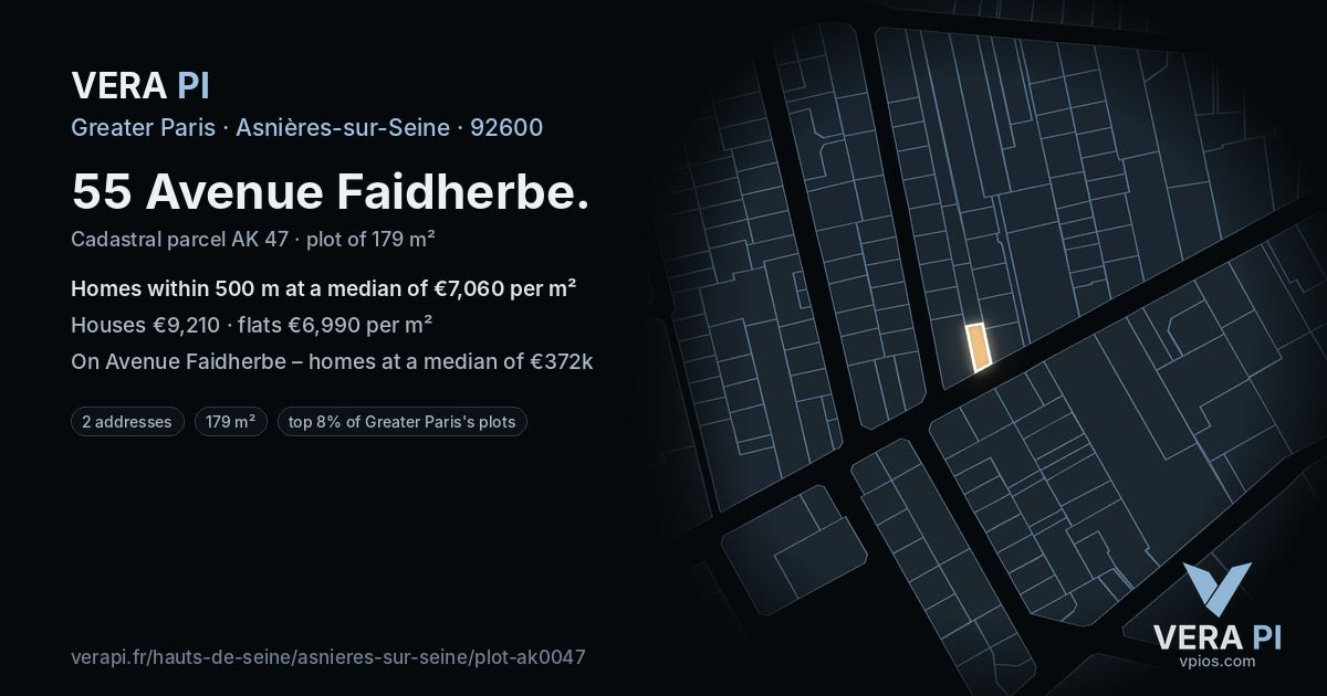 55 Avenue Faidherbe, Asnières-sur-Seine at night – the plot lit, the parcels around coloured by the prices near them
