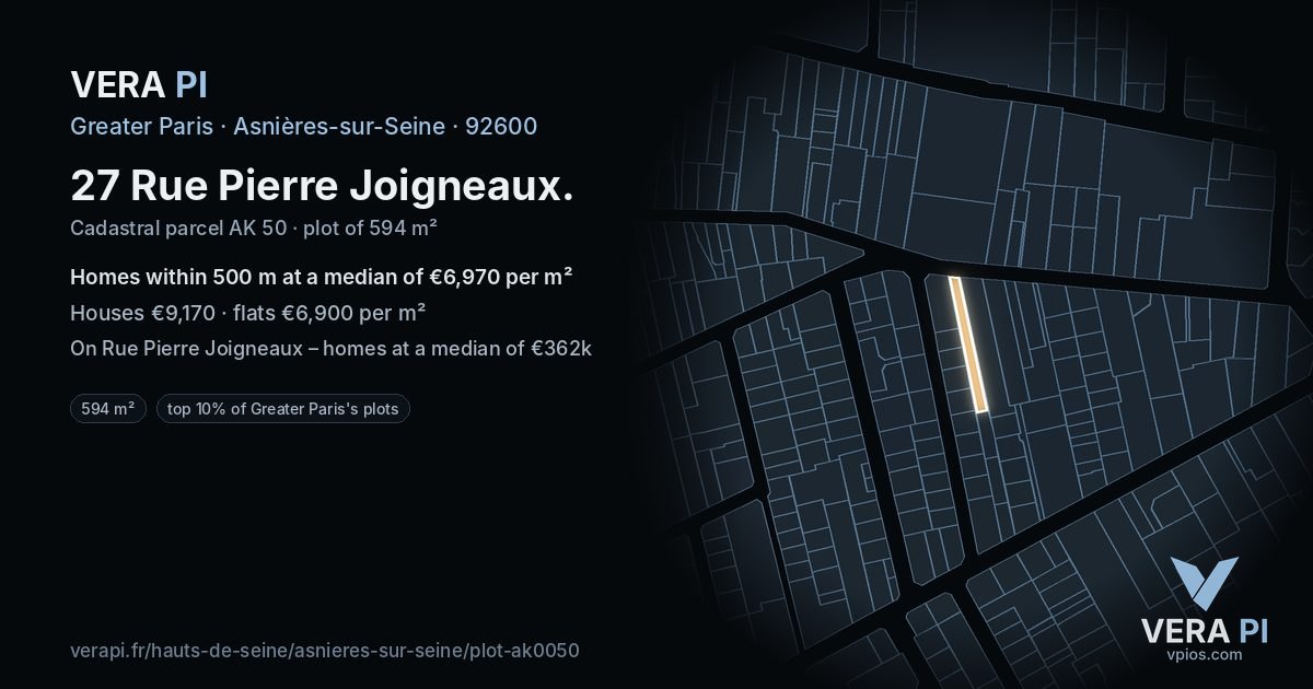 27 Rue Pierre Joigneaux, Asnières-sur-Seine at night – the plot lit, the parcels around coloured by the prices near them