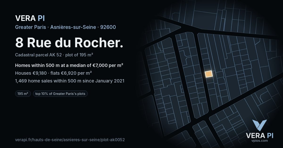8 Rue du Rocher, Asnières-sur-Seine at night – the plot lit, the parcels around coloured by the prices near them