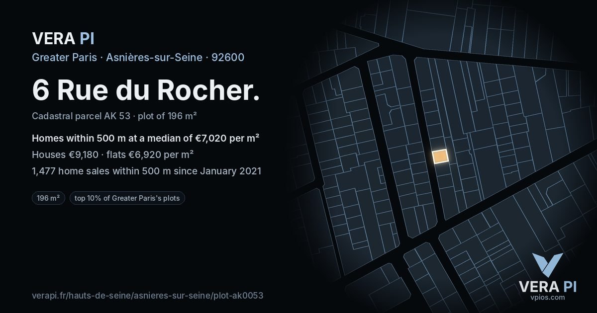 6 Rue du Rocher, Asnières-sur-Seine at night – the plot lit, the parcels around coloured by the prices near them