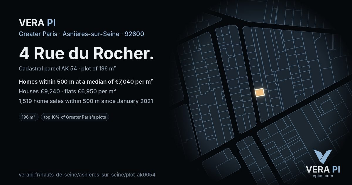 4 Rue du Rocher, Asnières-sur-Seine at night – the plot lit, the parcels around coloured by the prices near them