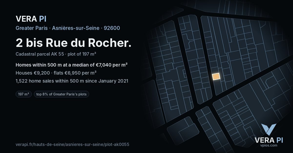 2 bis Rue du Rocher, Asnières-sur-Seine at night – the plot lit, the parcels around coloured by the prices near them