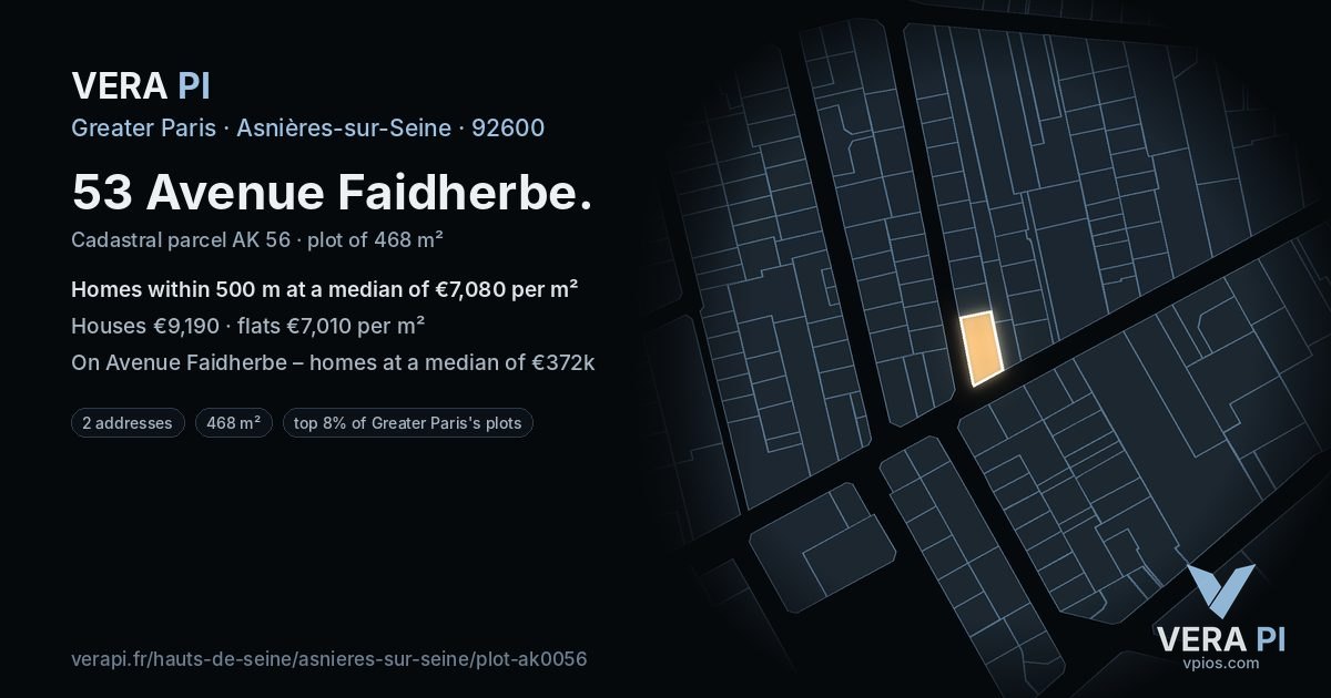 53 Avenue Faidherbe, Asnières-sur-Seine at night – the plot lit, the parcels around coloured by the prices near them