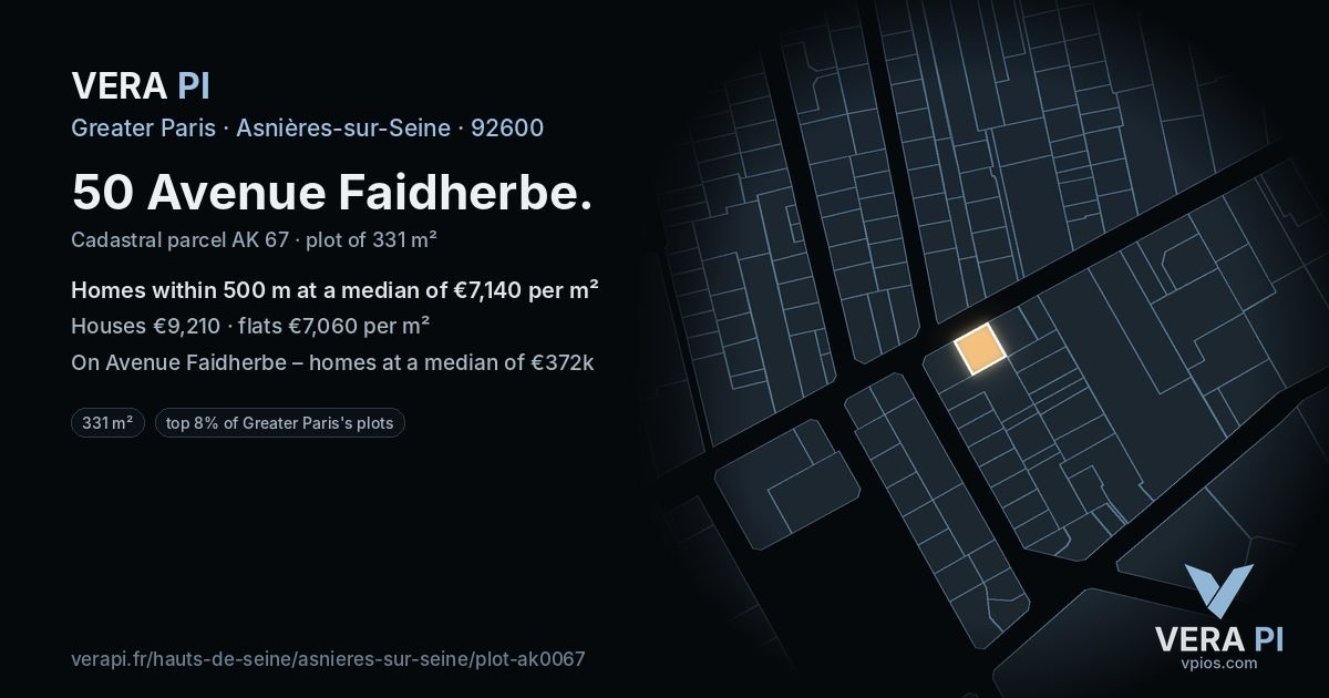 50 Avenue Faidherbe, Asnières-sur-Seine at night – the plot lit, the parcels around coloured by the prices near them