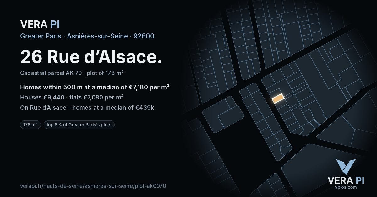 26 Rue d’Alsace, Asnières-sur-Seine at night – the plot lit, the parcels around coloured by the prices near them