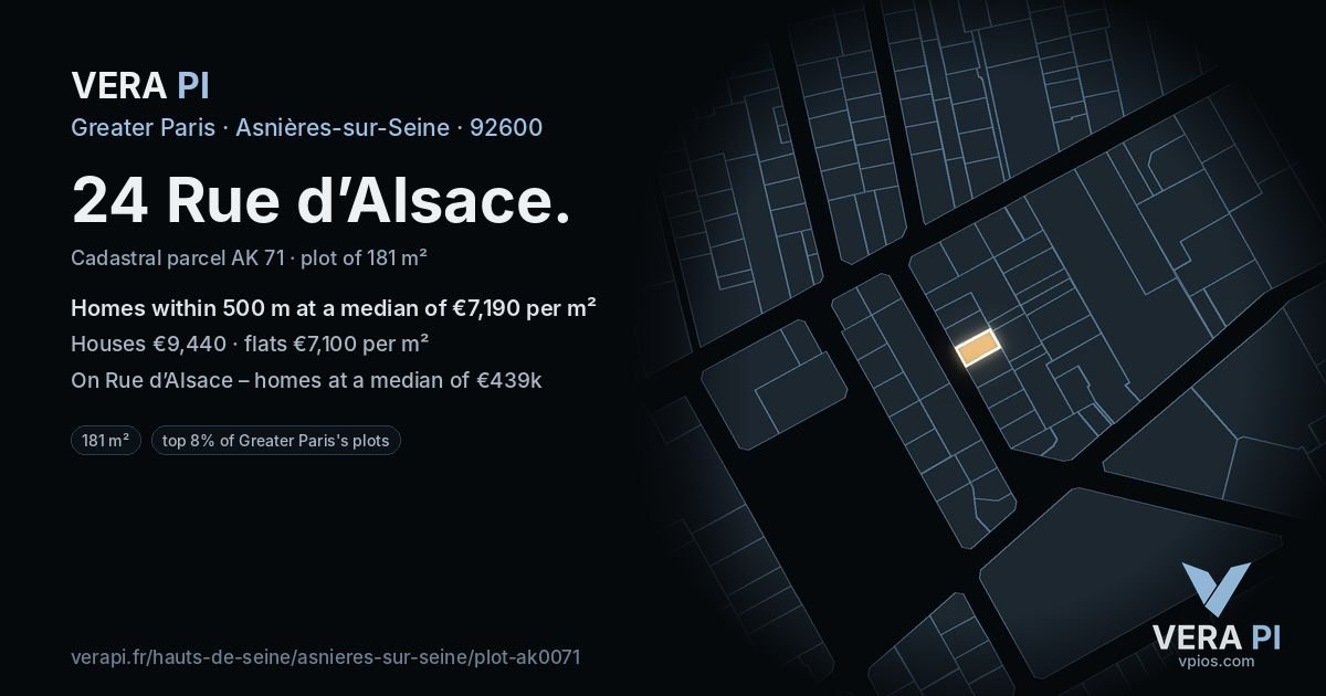 24 Rue d’Alsace, Asnières-sur-Seine at night – the plot lit, the parcels around coloured by the prices near them