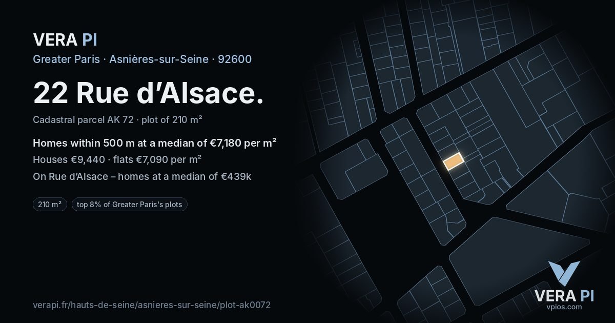 22 Rue d’Alsace, Asnières-sur-Seine at night – the plot lit, the parcels around coloured by the prices near them
