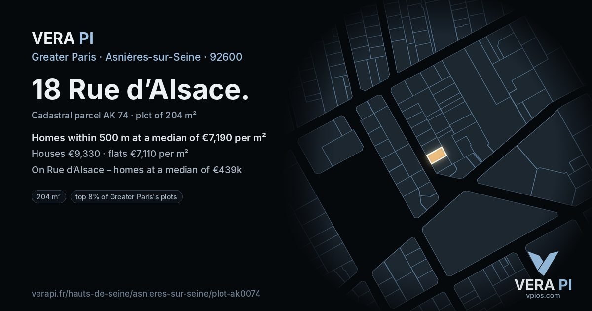 18 Rue d’Alsace, Asnières-sur-Seine at night – the plot lit, the parcels around coloured by the prices near them