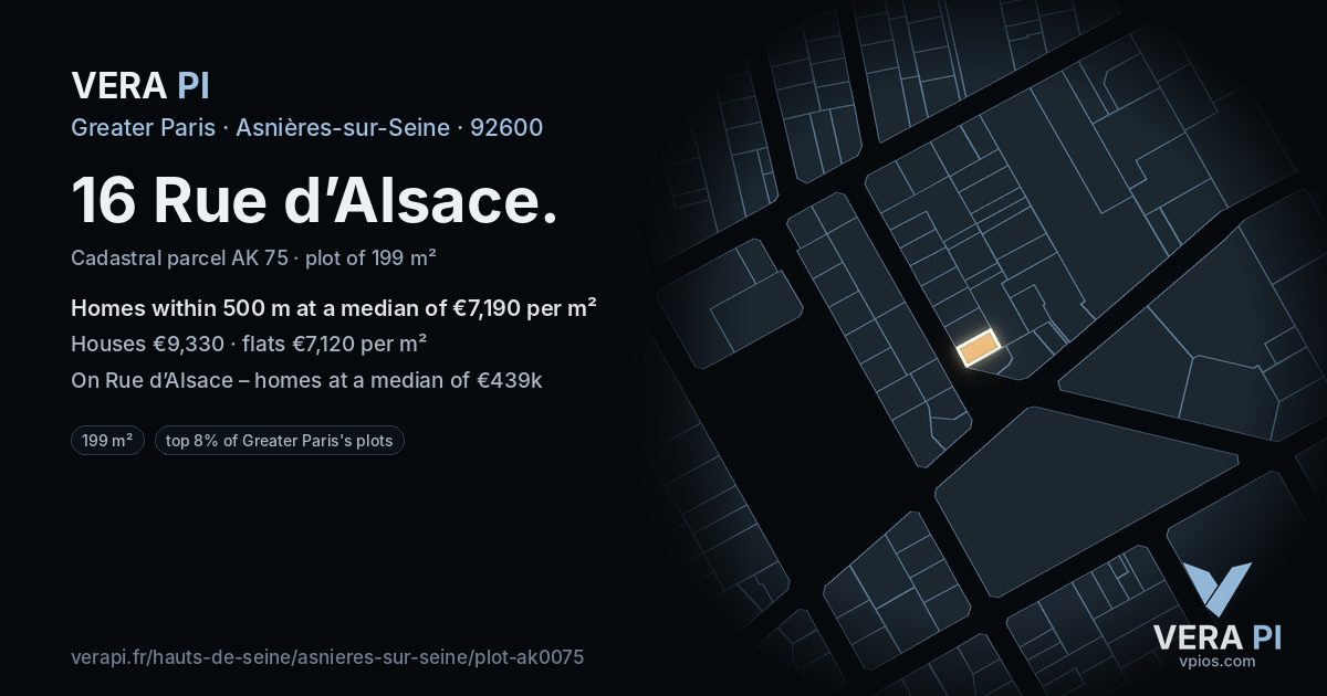 16 Rue d’Alsace, Asnières-sur-Seine at night – the plot lit, the parcels around coloured by the prices near them