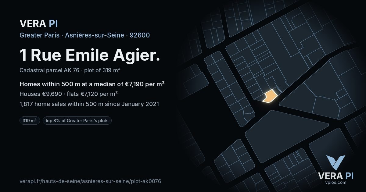 1 Rue Emile Agier, Asnières-sur-Seine at night – the plot lit, the parcels around coloured by the prices near them