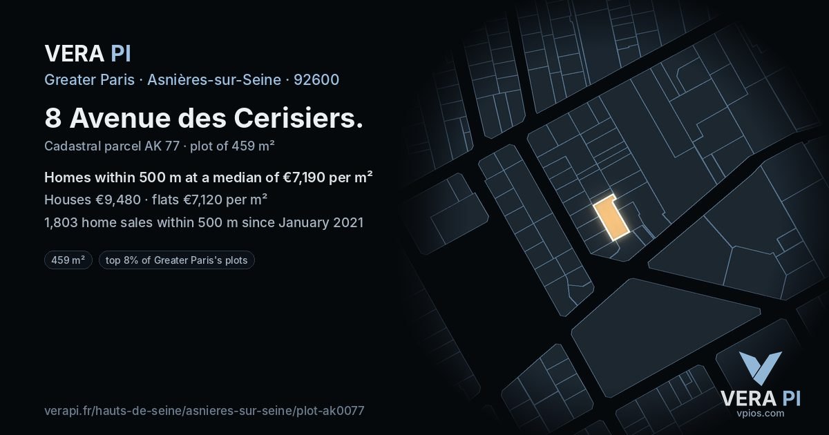 8 Avenue des Cerisiers, Asnières-sur-Seine at night – the plot lit, the parcels around coloured by the prices near them