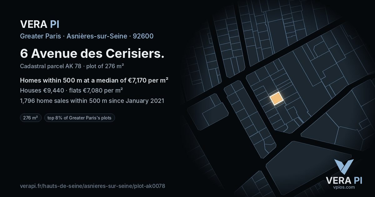 6 Avenue des Cerisiers, Asnières-sur-Seine at night – the plot lit, the parcels around coloured by the prices near them