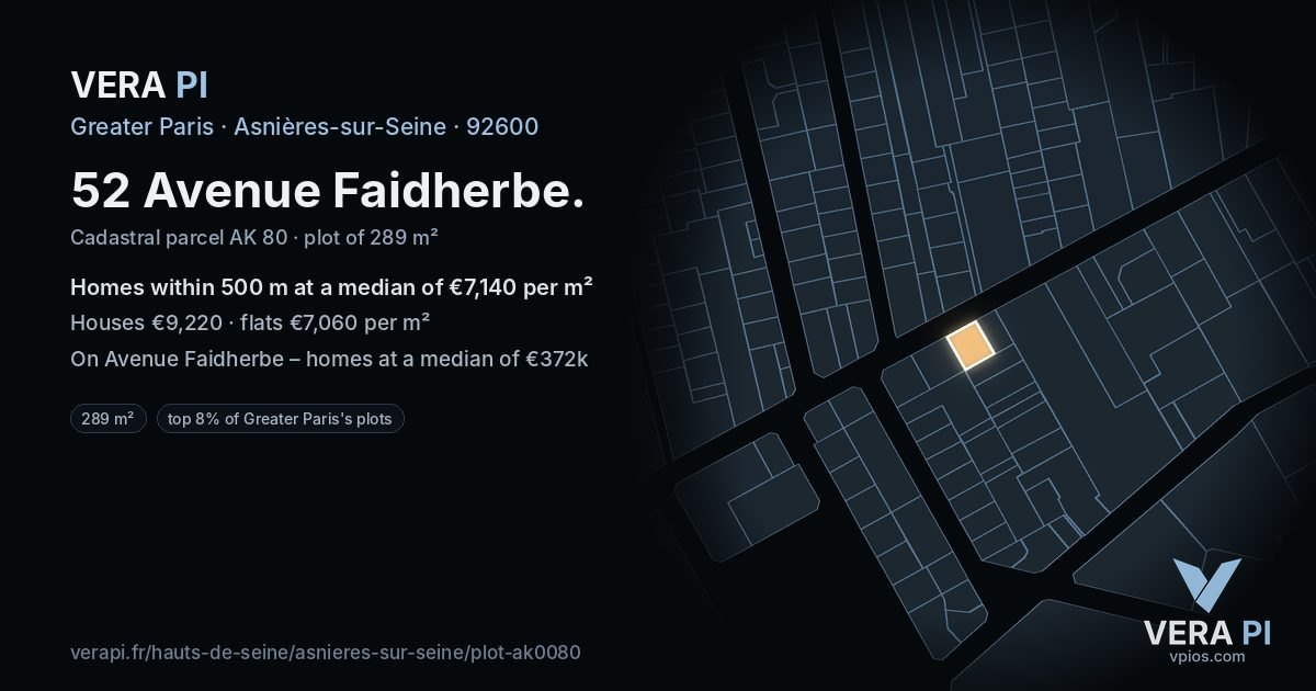 52 Avenue Faidherbe, Asnières-sur-Seine at night – the plot lit, the parcels around coloured by the prices near them