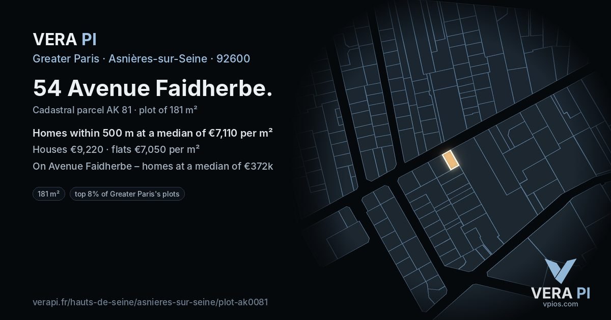 54 Avenue Faidherbe, Asnières-sur-Seine at night – the plot lit, the parcels around coloured by the prices near them