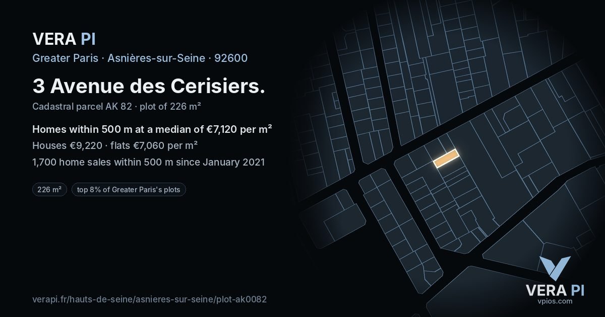 3 Avenue des Cerisiers, Asnières-sur-Seine at night – the plot lit, the parcels around coloured by the prices near them