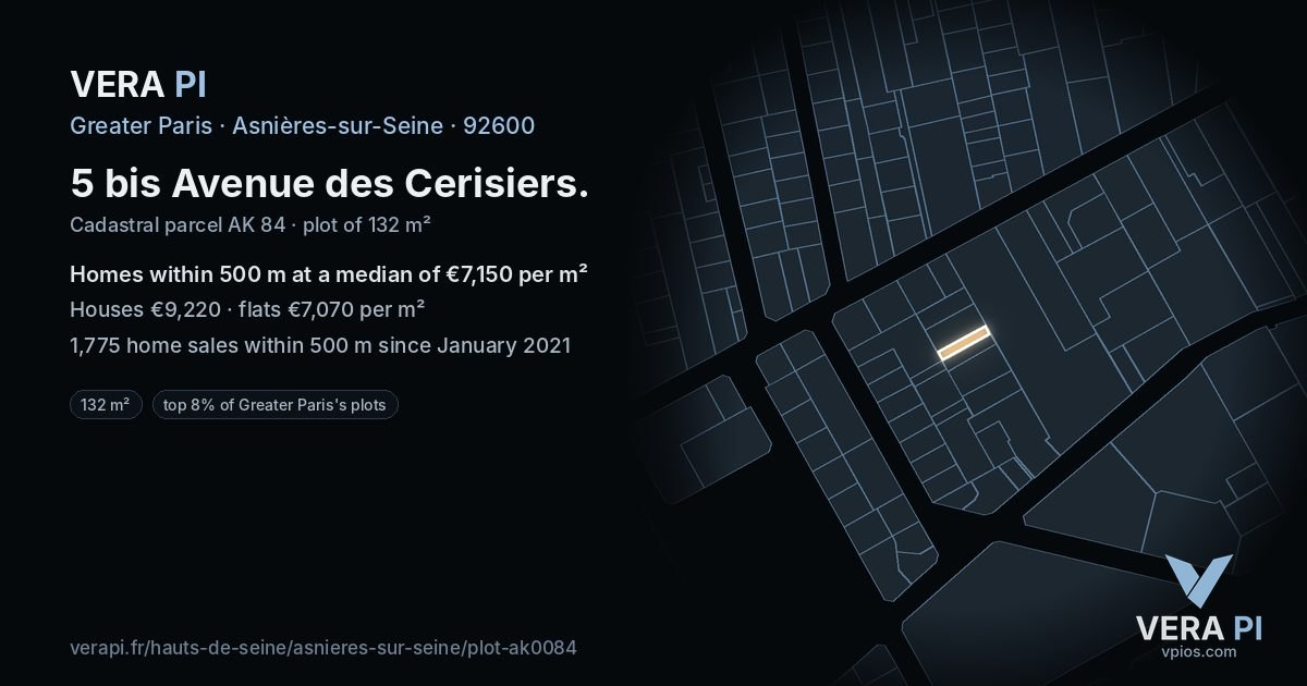 5 bis Avenue des Cerisiers, Asnières-sur-Seine at night – the plot lit, the parcels around coloured by the prices near them
