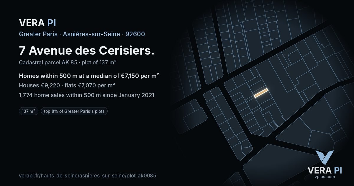 7 Avenue des Cerisiers, Asnières-sur-Seine at night – the plot lit, the parcels around coloured by the prices near them
