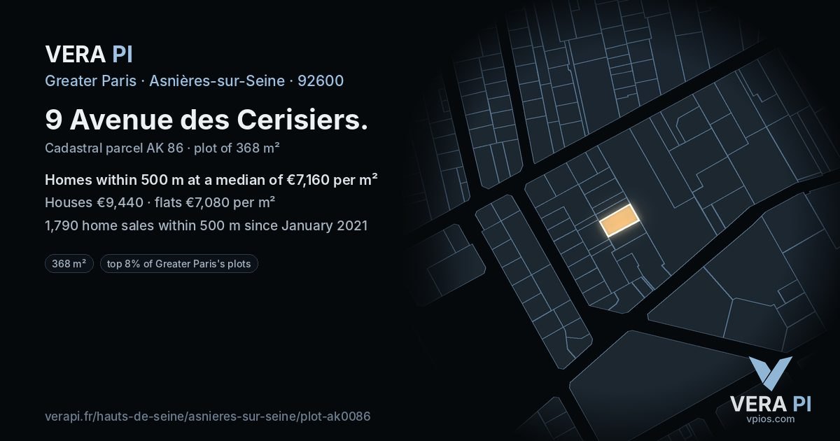 9 Avenue des Cerisiers, Asnières-sur-Seine at night – the plot lit, the parcels around coloured by the prices near them