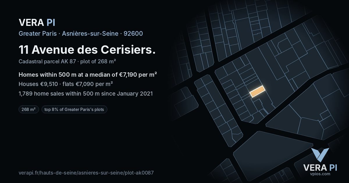 11 Avenue des Cerisiers, Asnières-sur-Seine at night – the plot lit, the parcels around coloured by the prices near them