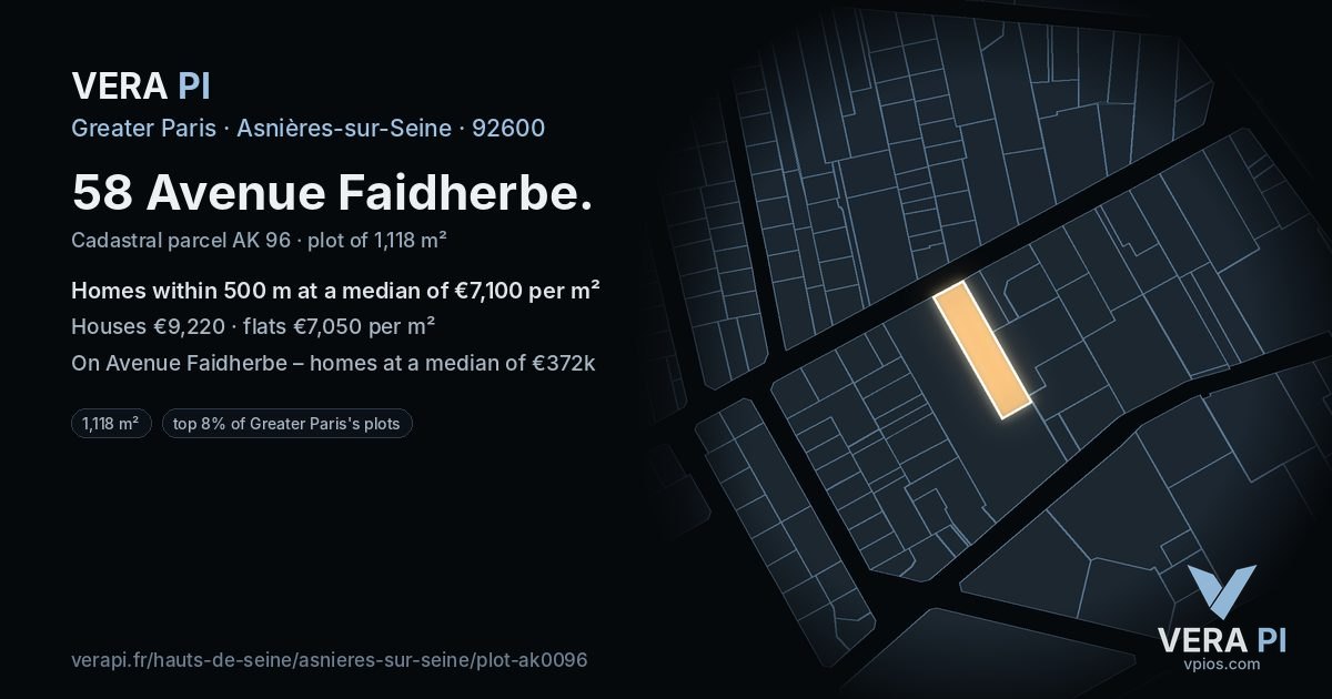 58 Avenue Faidherbe, Asnières-sur-Seine at night – the plot lit, the parcels around coloured by the prices near them