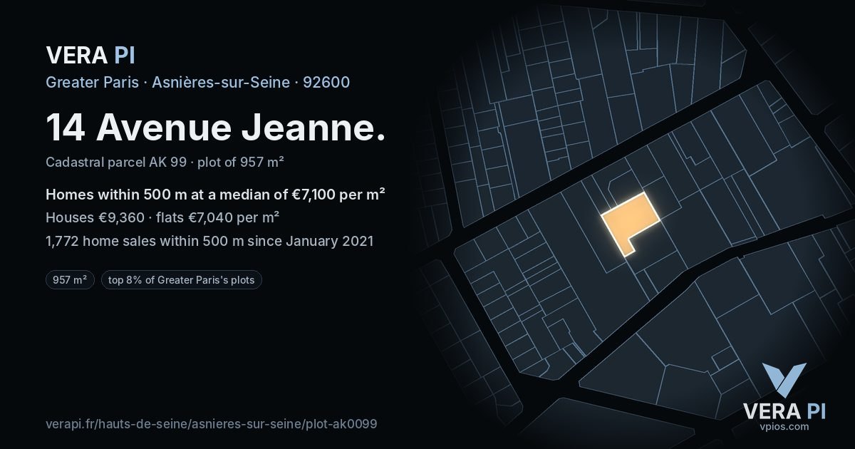 14 Avenue Jeanne, Asnières-sur-Seine at night – the plot lit, the parcels around coloured by the prices near them