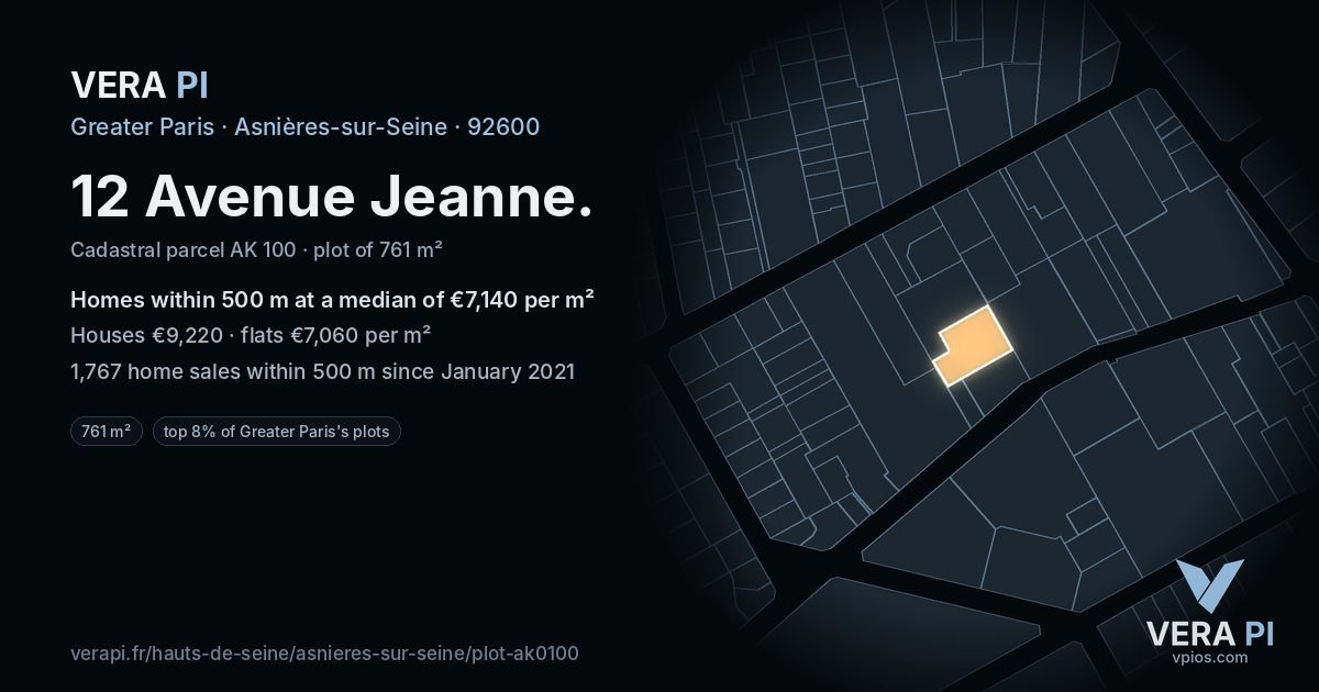 12 Avenue Jeanne, Asnières-sur-Seine at night – the plot lit, the parcels around coloured by the prices near them
