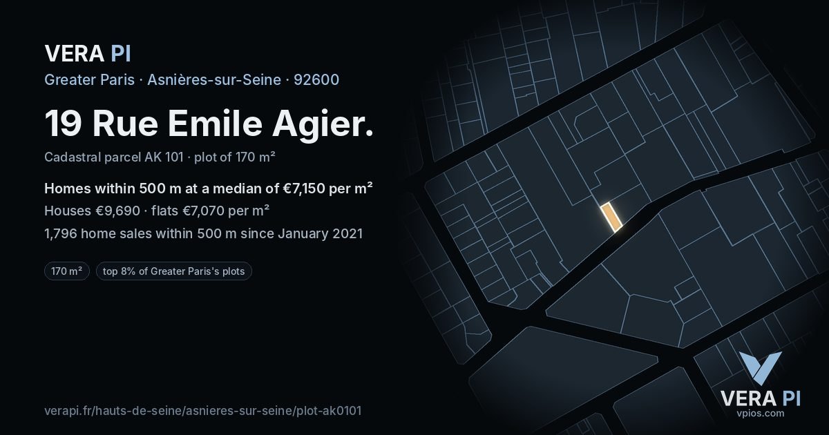 19 Rue Emile Agier, Asnières-sur-Seine at night – the plot lit, the parcels around coloured by the prices near them