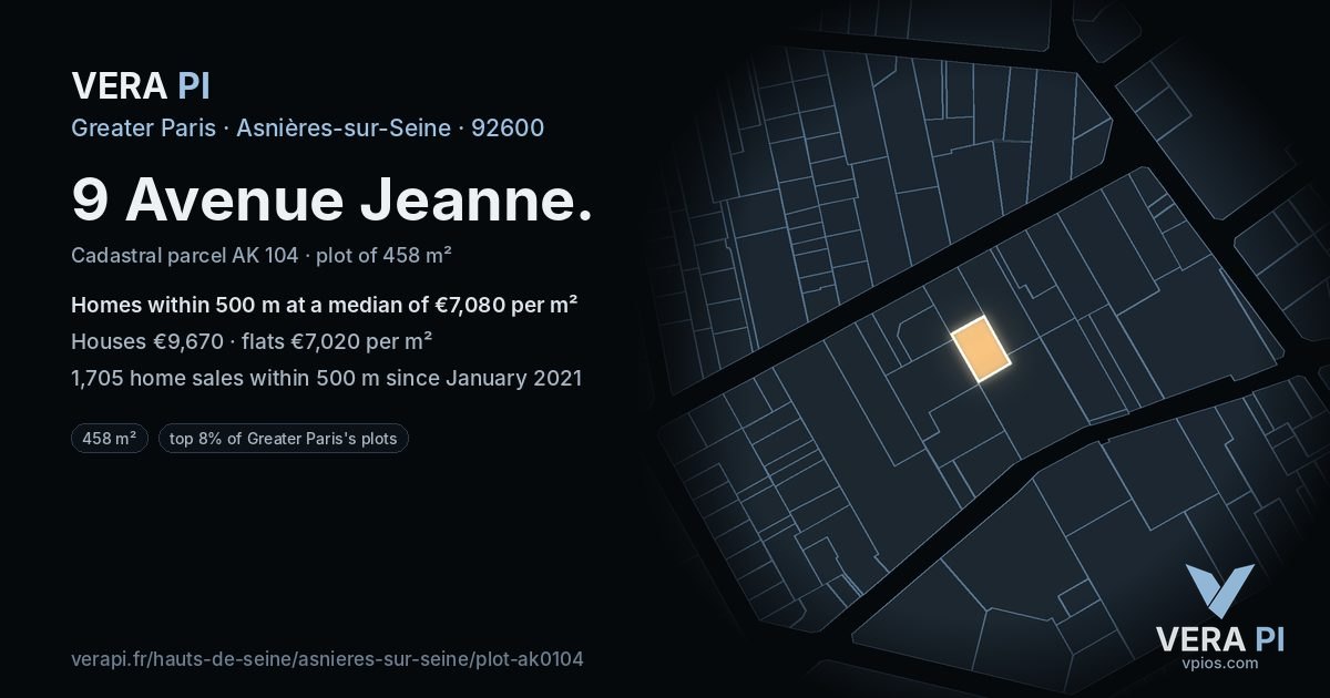 9 Avenue Jeanne, Asnières-sur-Seine at night – the plot lit, the parcels around coloured by the prices near them