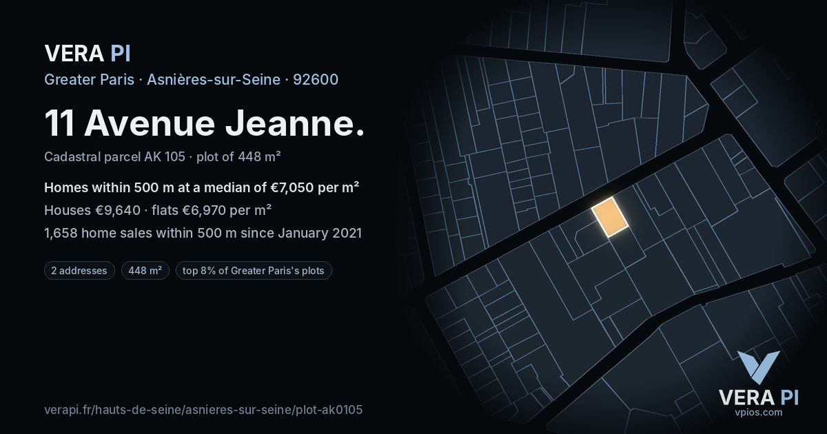 11 Avenue Jeanne, Asnières-sur-Seine at night – the plot lit, the parcels around coloured by the prices near them