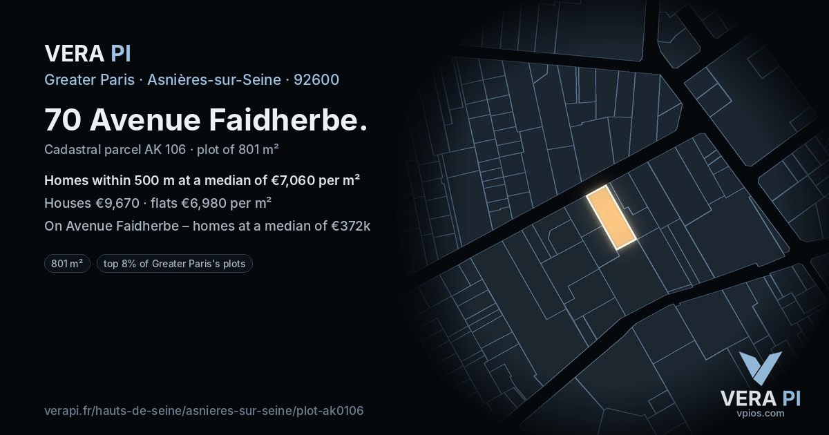 70 Avenue Faidherbe, Asnières-sur-Seine at night – the plot lit, the parcels around coloured by the prices near them