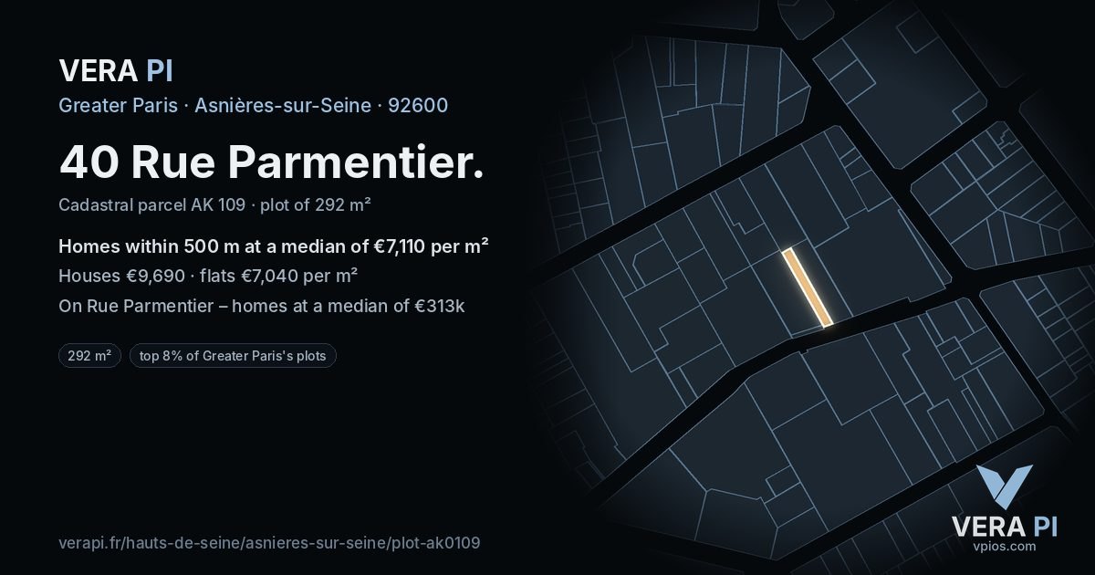 40 Rue Parmentier, Asnières-sur-Seine at night – the plot lit, the parcels around coloured by the prices near them