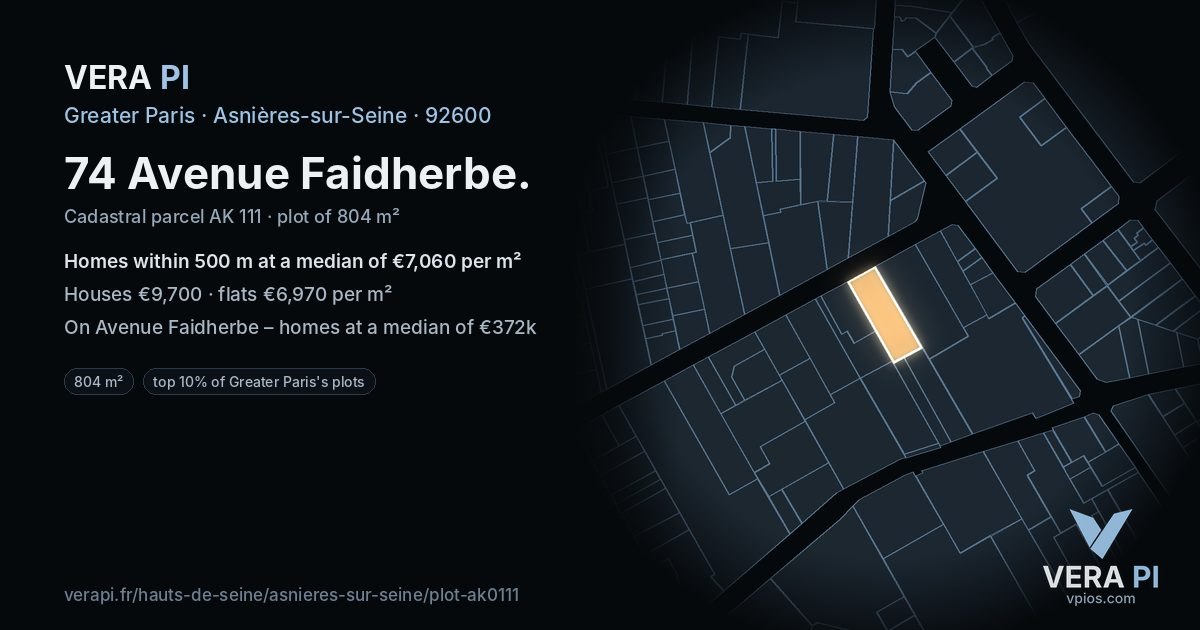 74 Avenue Faidherbe, Asnières-sur-Seine at night – the plot lit, the parcels around coloured by the prices near them