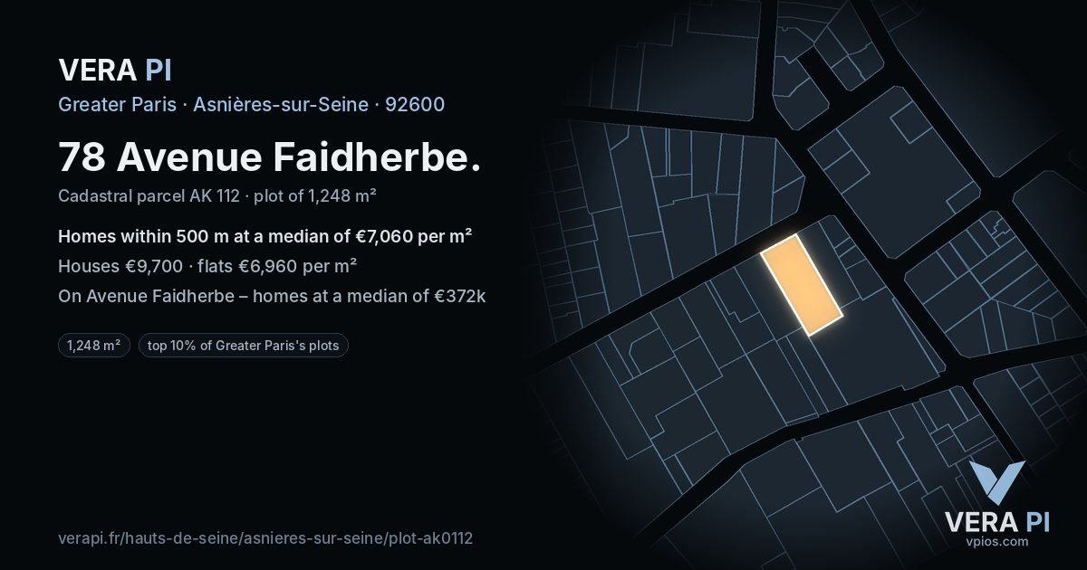 78 Avenue Faidherbe, Asnières-sur-Seine at night – the plot lit, the parcels around coloured by the prices near them