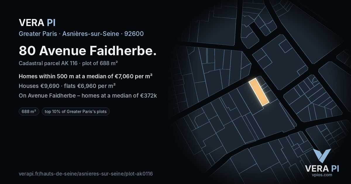 80 Avenue Faidherbe, Asnières-sur-Seine at night – the plot lit, the parcels around coloured by the prices near them